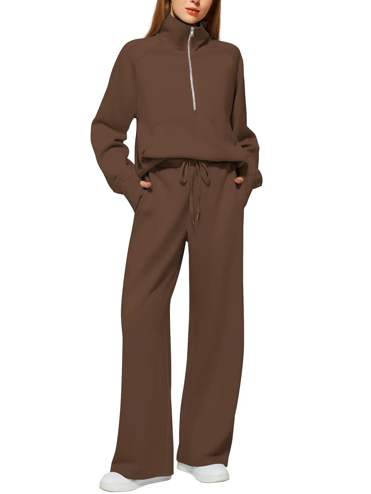 Women's Oversized Half Zip Wide Leg 2 Piece Outfits Lounge Set