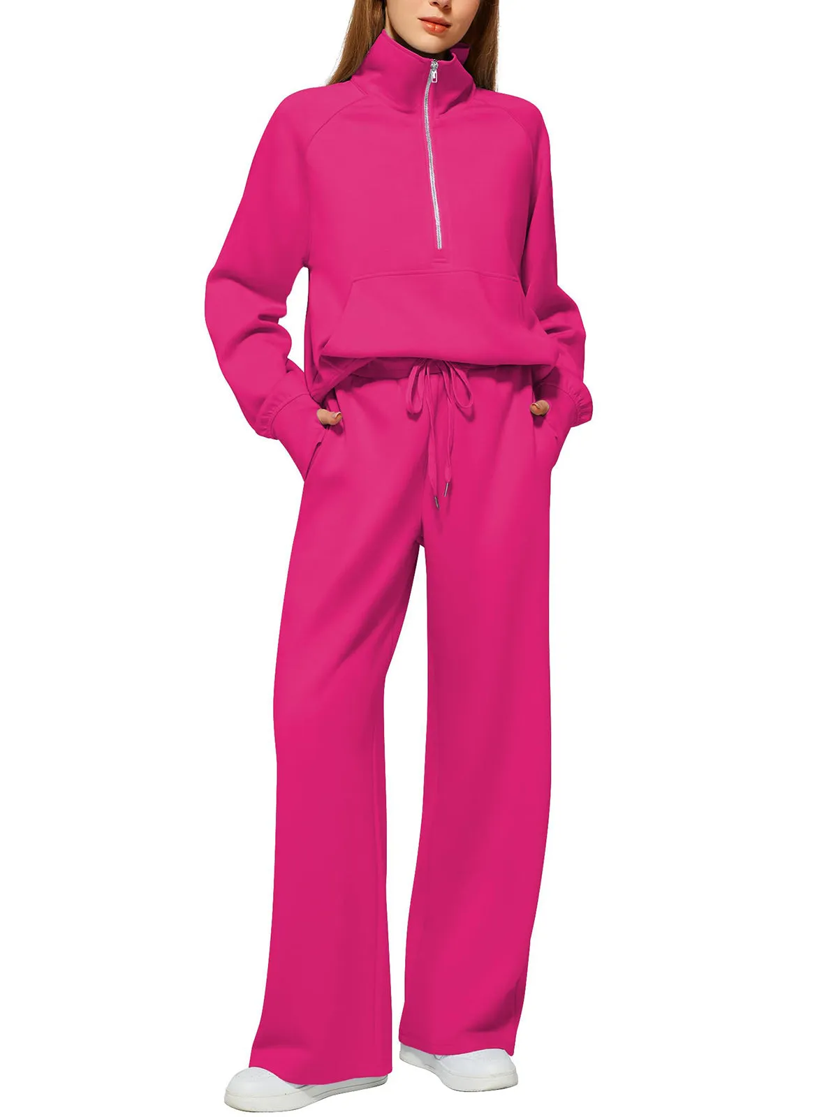 Women's Oversized Half Zip Wide Leg 2 Piece Outfits Lounge Set