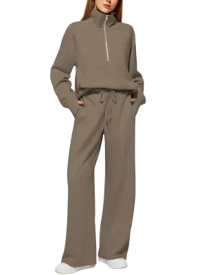 Women's Oversized Half Zip Wide Leg 2 Piece Outfits Lounge Set