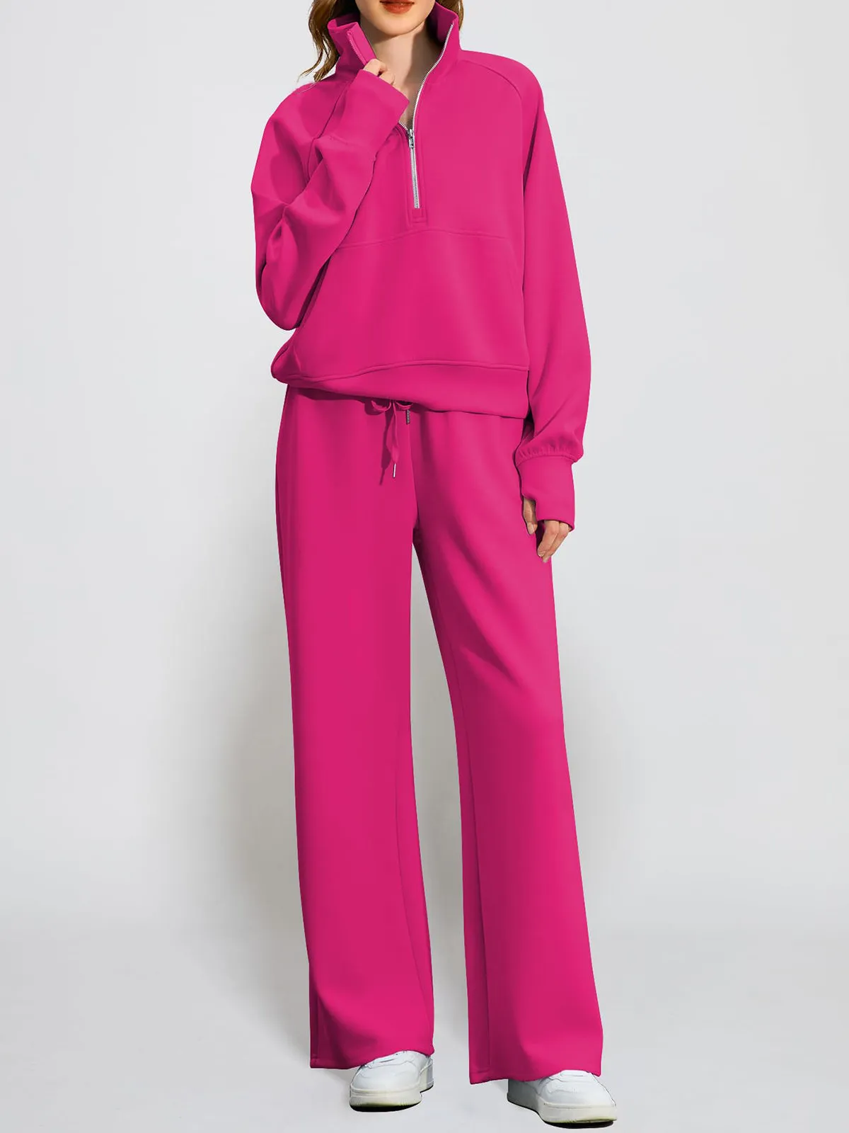Women's Oversized Half Zip Wide Leg 2 Piece Outfits Lounge Set