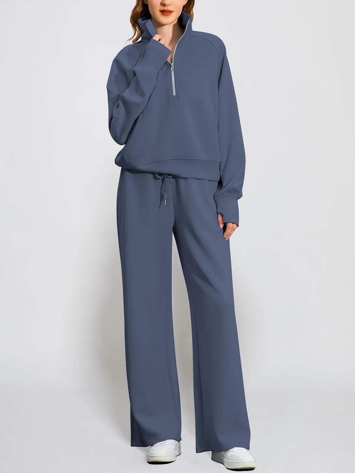 Women's Oversized Half Zip Wide Leg 2 Piece Outfits Lounge Set