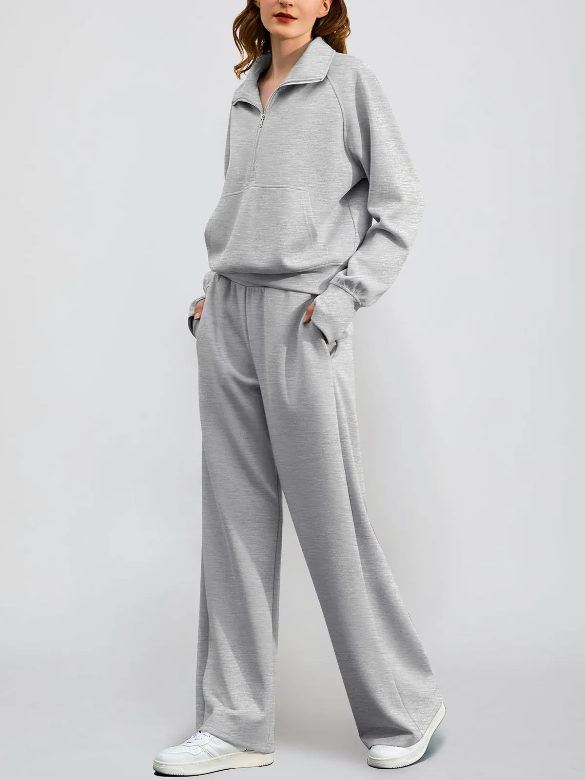 Women's Oversized Half Zip Wide Leg 2 Piece Outfits Lounge Set