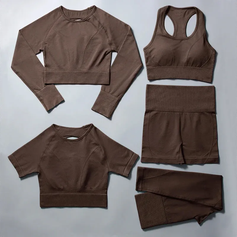 Women's Seamless Yoga Set - Plain High Waist Crop Top and Peach Hip Shorts Leggings Set