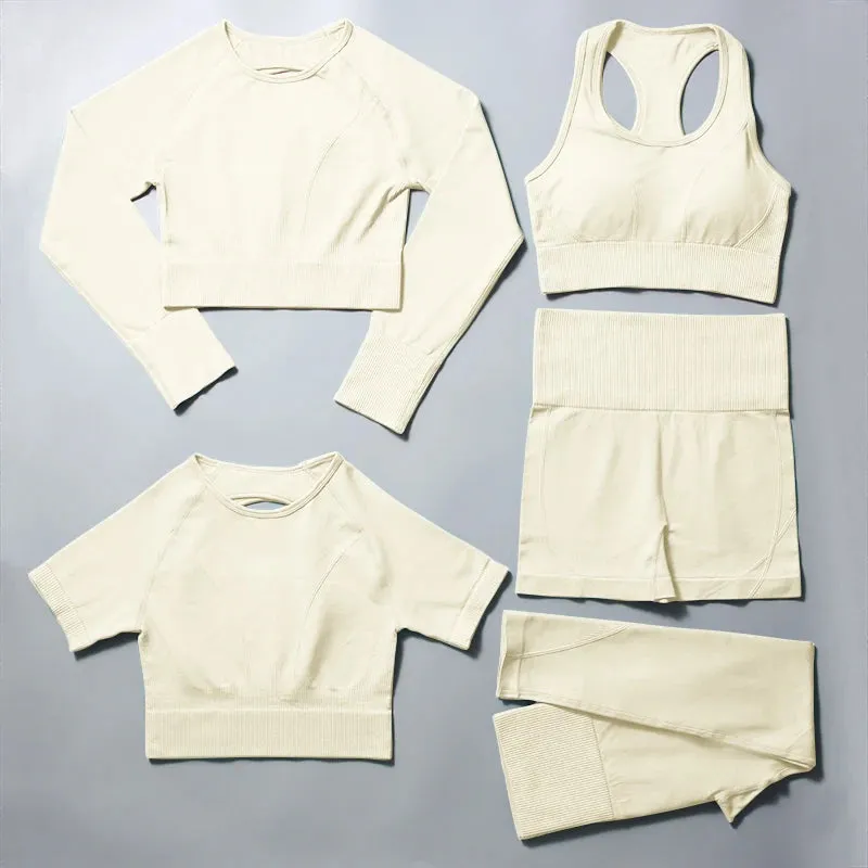 Women's Seamless Yoga Set - Plain High Waist Crop Top and Peach Hip Shorts Leggings Set