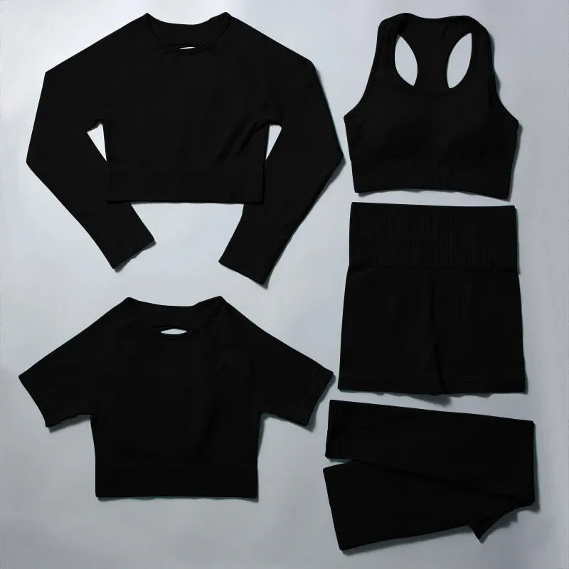Women's Seamless Yoga Set - Plain High Waist Crop Top and Peach Hip Shorts Leggings Set