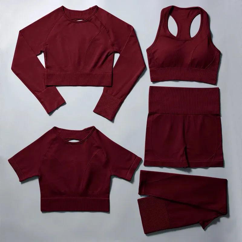 Women's Seamless Yoga Set - Plain High Waist Crop Top and Peach Hip Shorts Leggings Set