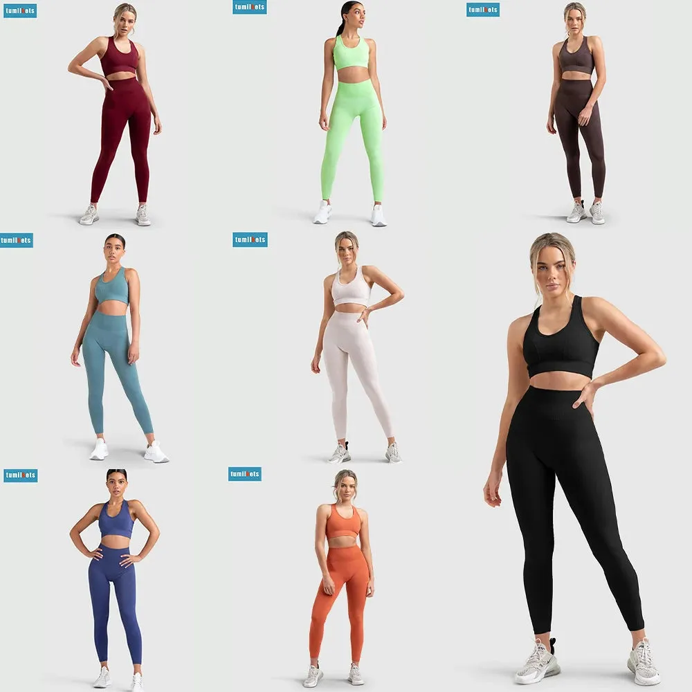 Women's Seamless Yoga Set - Plain High Waist Crop Top and Peach Hip Shorts Leggings Set