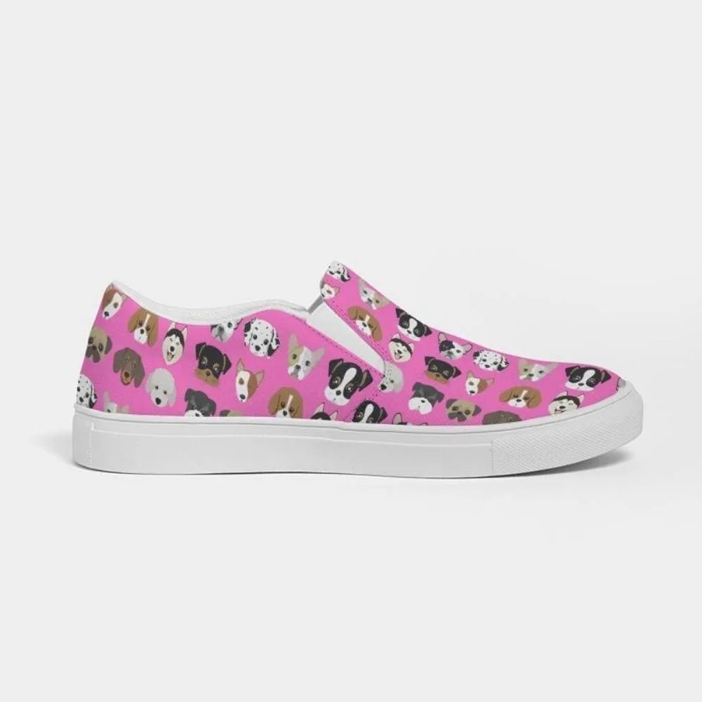 Womens Sneakers - Canvas Slip Ons - Pink Doggie Love Print by inQue.Style