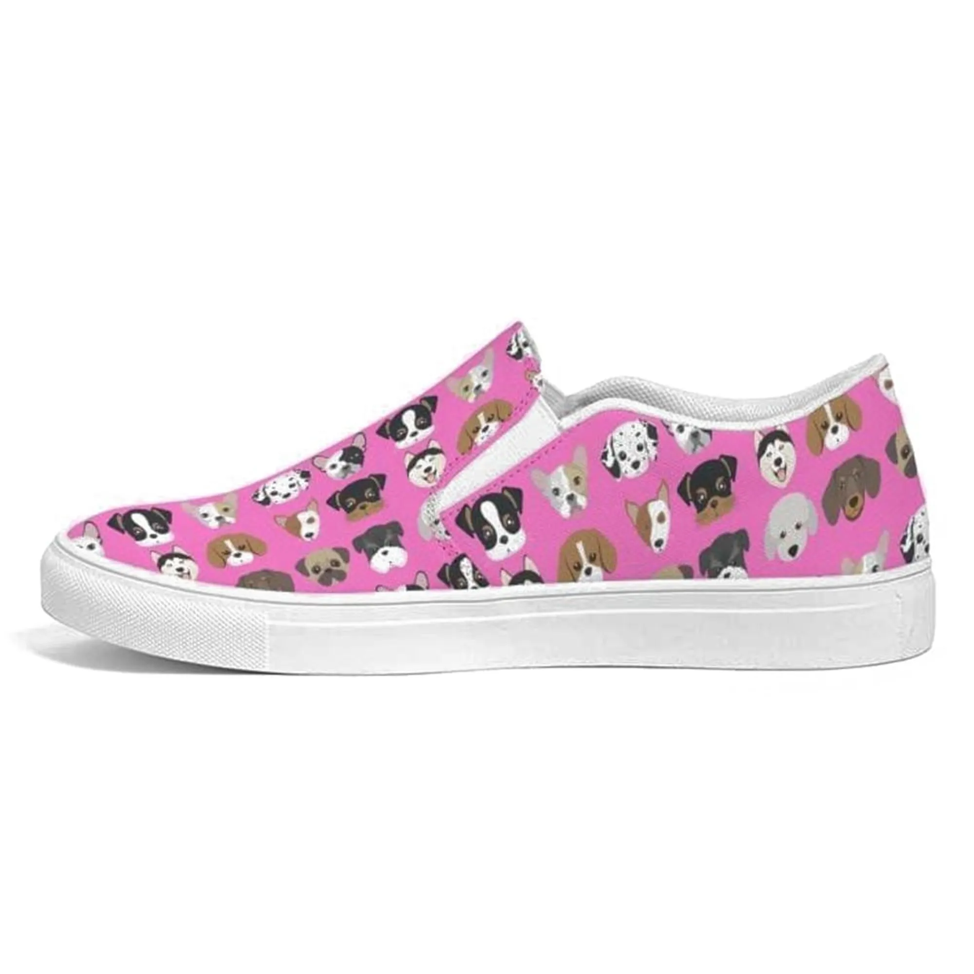 Womens Sneakers - Canvas Slip Ons - Pink Doggie Love Print by inQue.Style