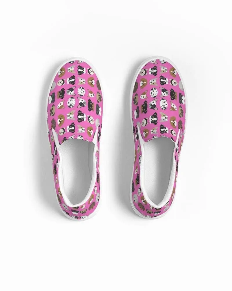 Womens Sneakers - Canvas Slip Ons - Pink Doggie Love Print by inQue.Style