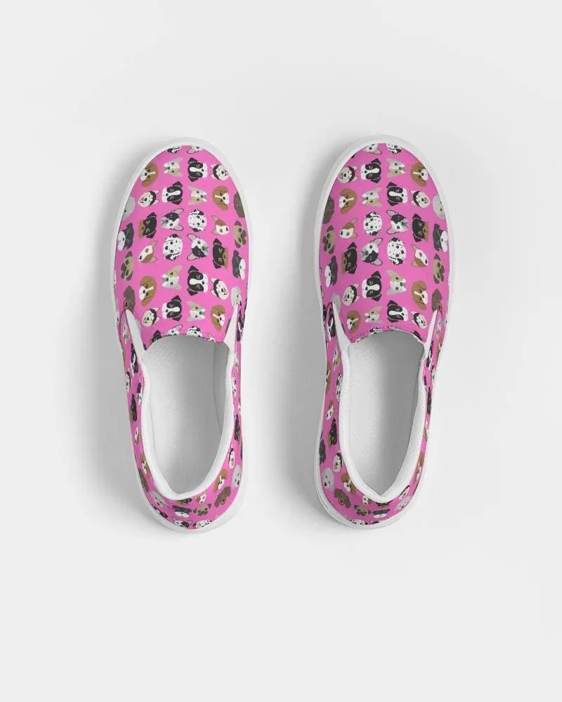 Womens Sneakers - Canvas Slip Ons - Pink Doggie Love Print by inQue.Style