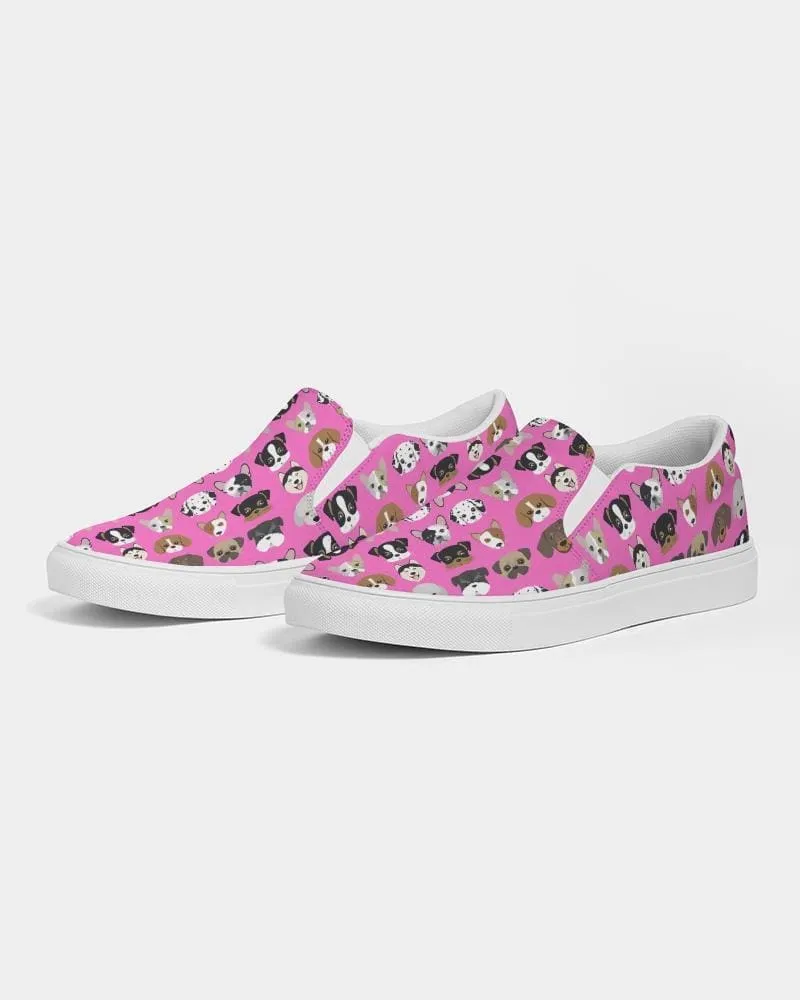 Womens Sneakers - Canvas Slip Ons - Pink Doggie Love Print by inQue.Style