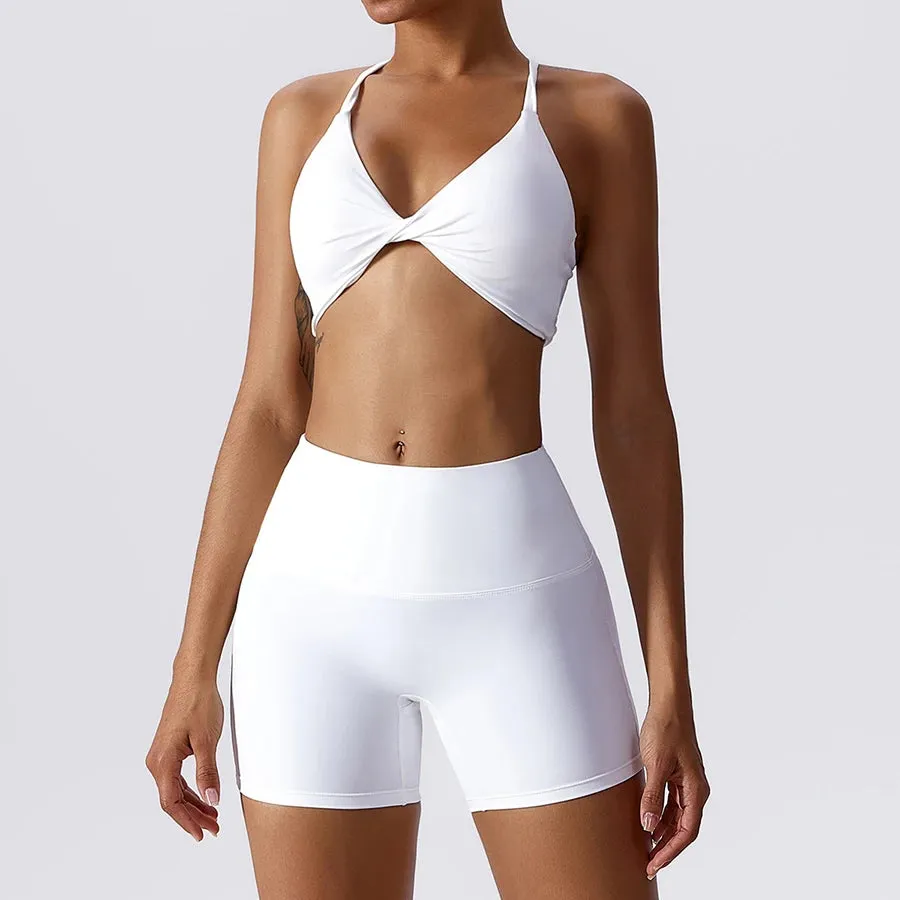 Women's Tracksuit Nude Feeling Yoga Set - 2 Piece Workout Sportswear Gym Clothing, Twist Bra High Waist Shorts, Fitness Sports Suits