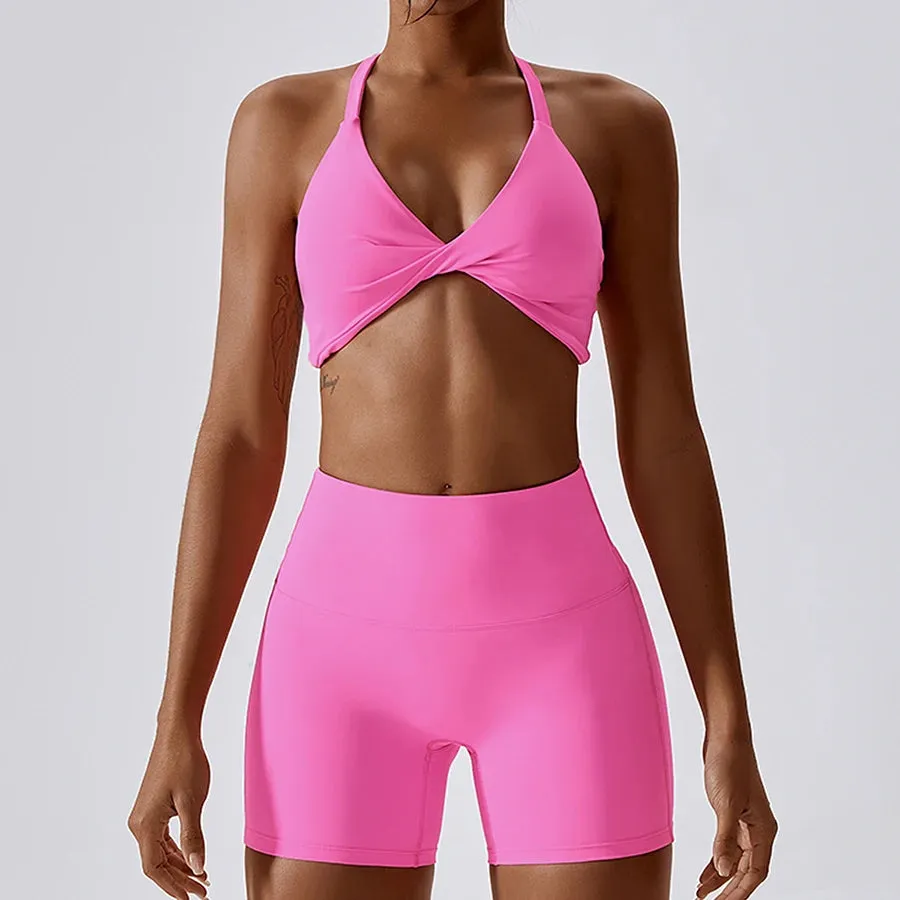 Women's Tracksuit Nude Feeling Yoga Set - 2 Piece Workout Sportswear Gym Clothing, Twist Bra High Waist Shorts, Fitness Sports Suits