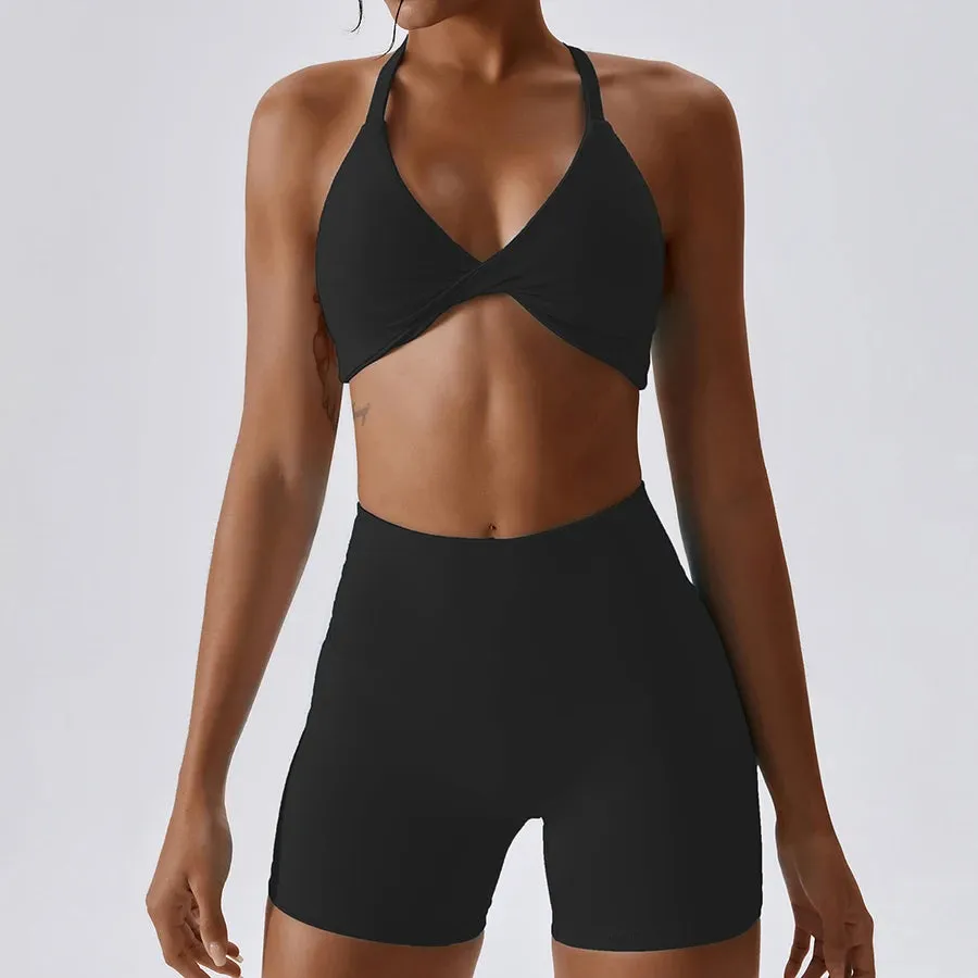 Women's Tracksuit Nude Feeling Yoga Set - 2 Piece Workout Sportswear Gym Clothing, Twist Bra High Waist Shorts, Fitness Sports Suits