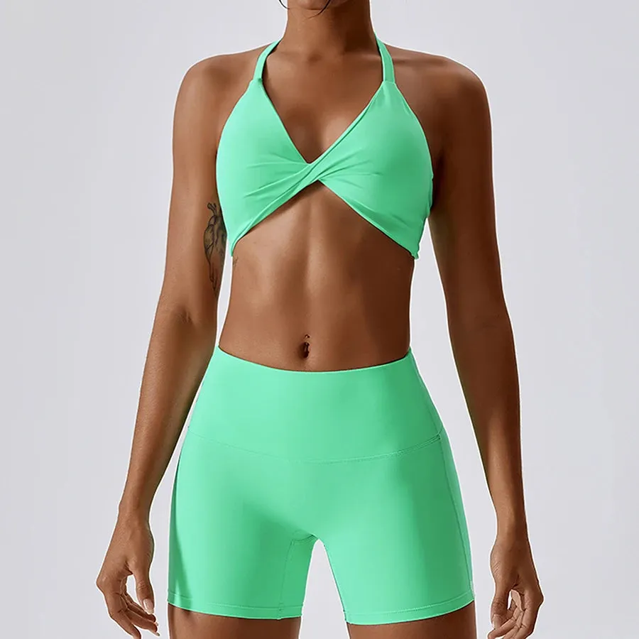 Women's Tracksuit Nude Feeling Yoga Set - 2 Piece Workout Sportswear Gym Clothing, Twist Bra High Waist Shorts, Fitness Sports Suits