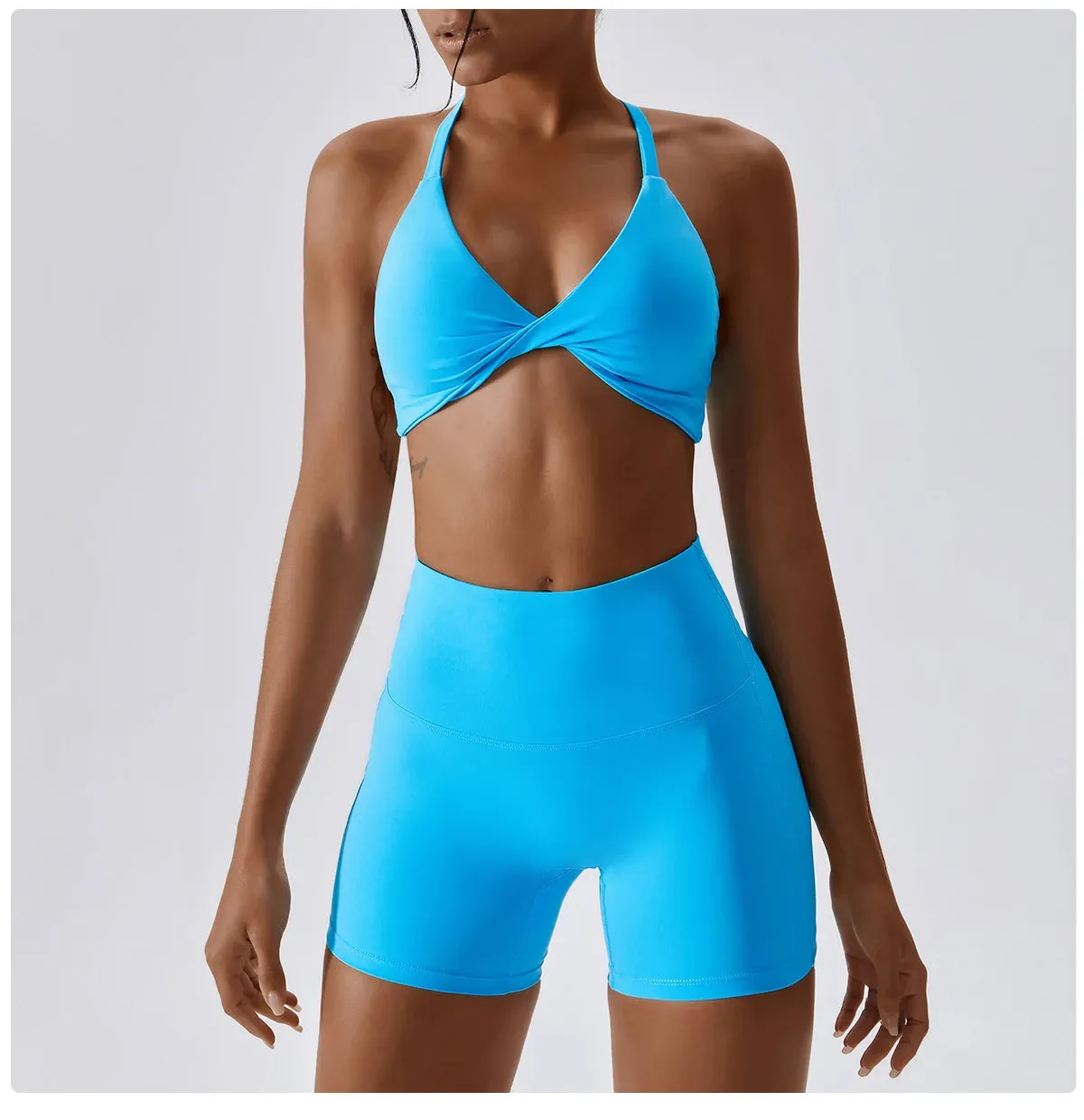 Women's Tracksuit Nude Feeling Yoga Set - 2 Piece Workout Sportswear Gym Clothing, Twist Bra High Waist Shorts, Fitness Sports Suits