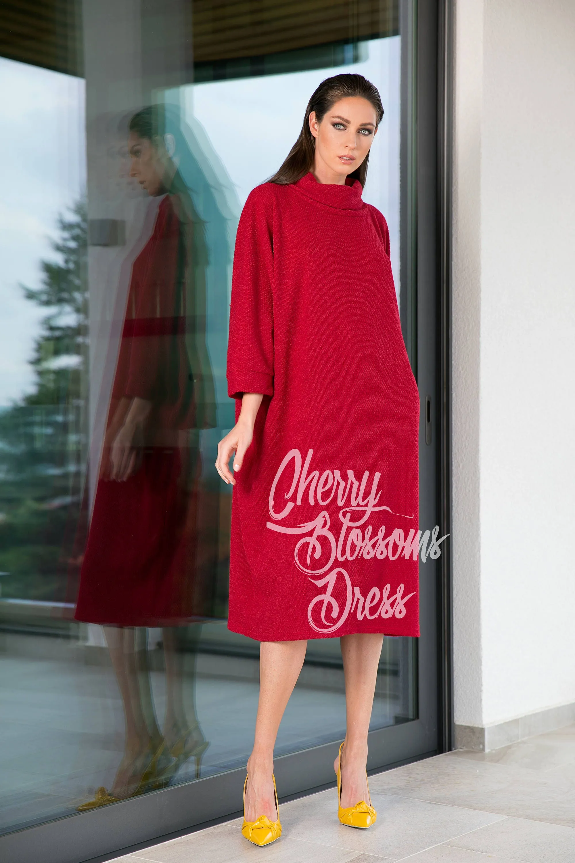 Women's Valentine Dress, Sweater Dress in Red, Midi Dress with Turtleneck, Loose Fit Minimalist Dress, Red Caftan Dress for Winter