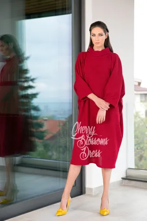 Women's Valentine Dress, Sweater Dress in Red, Midi Dress with Turtleneck, Loose Fit Minimalist Dress, Red Caftan Dress for Winter