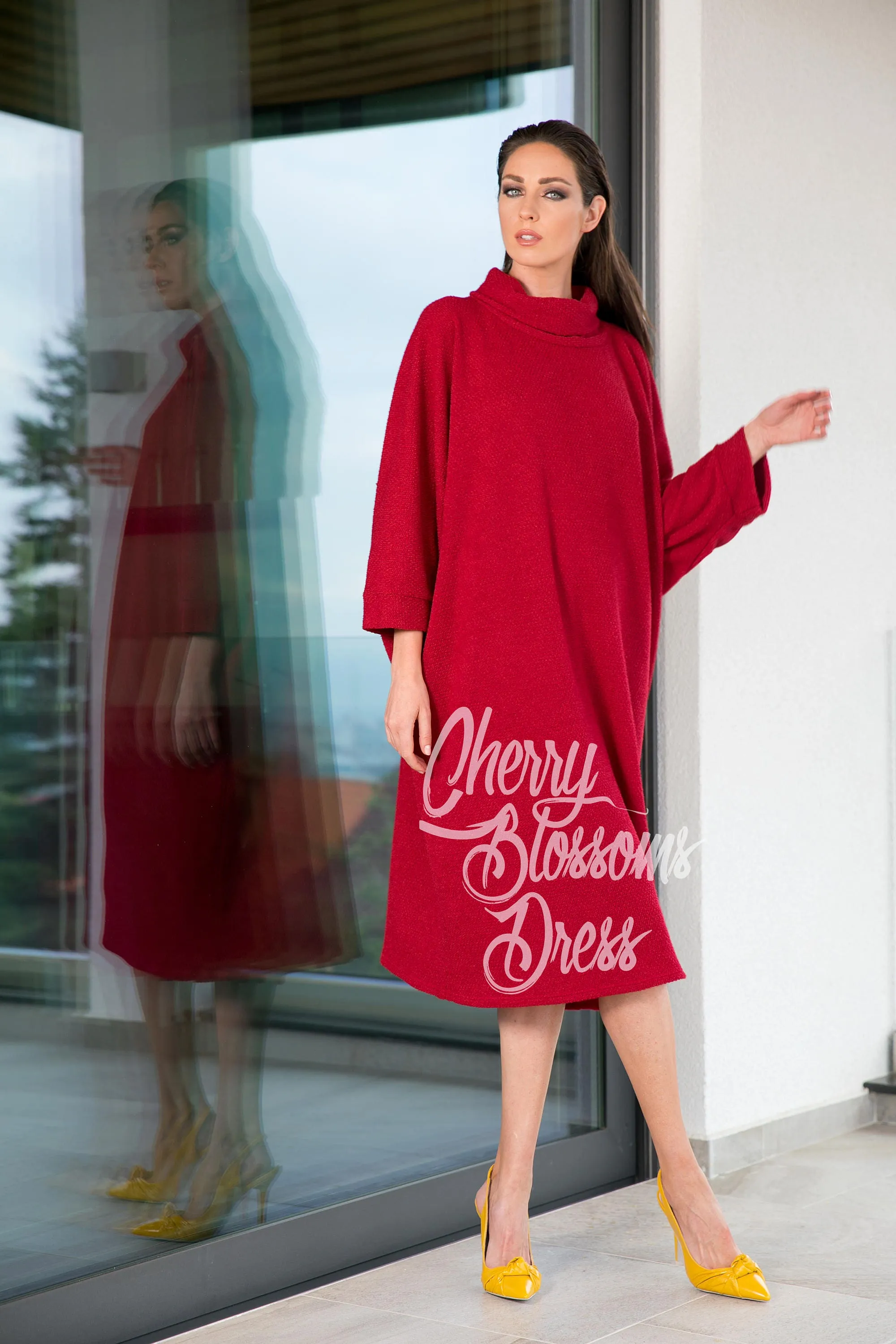 Women's Valentine Dress, Sweater Dress in Red, Midi Dress with Turtleneck, Loose Fit Minimalist Dress, Red Caftan Dress for Winter
