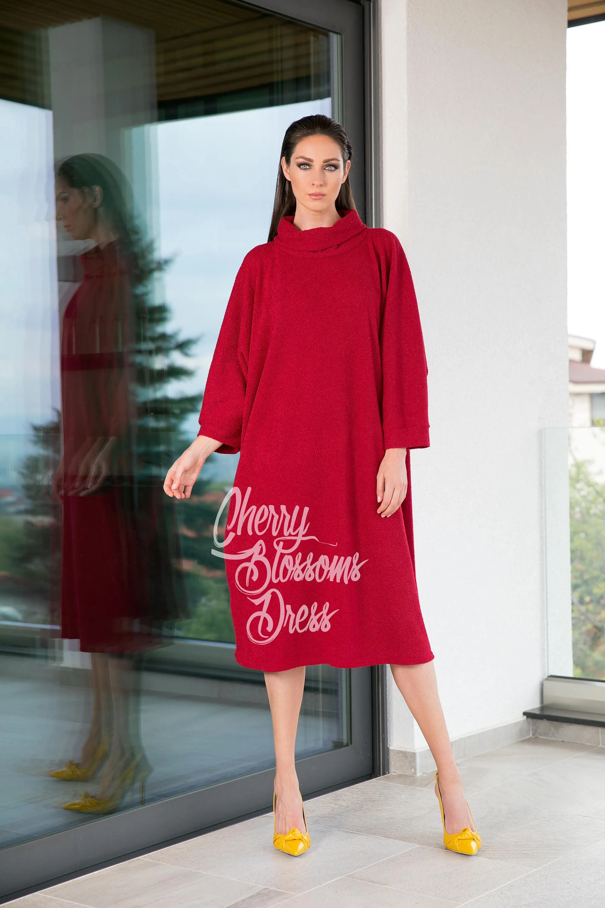 Women's Valentine Dress, Sweater Dress in Red, Midi Dress with Turtleneck, Loose Fit Minimalist Dress, Red Caftan Dress for Winter