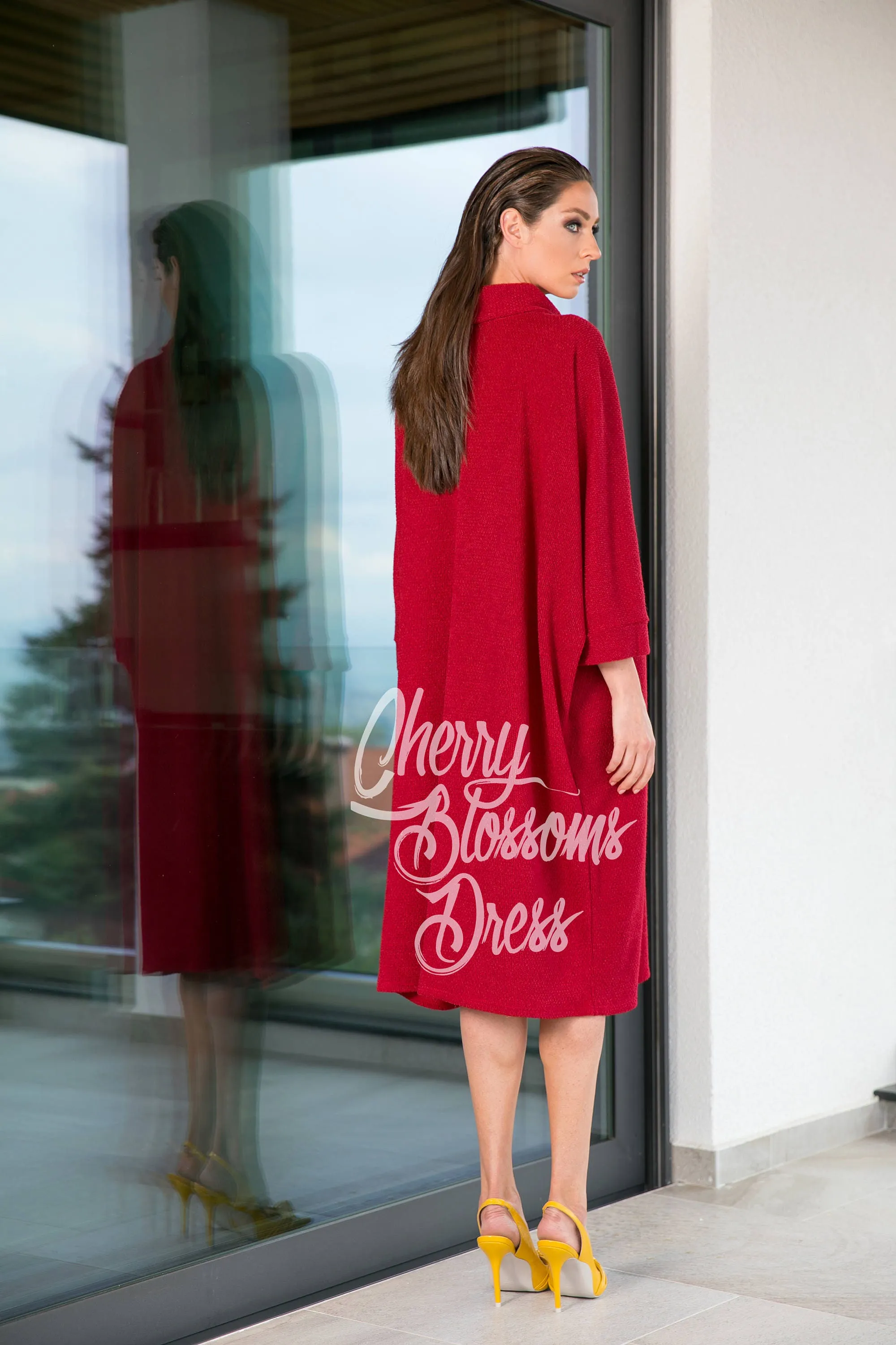 Women's Valentine Dress, Sweater Dress in Red, Midi Dress with Turtleneck, Loose Fit Minimalist Dress, Red Caftan Dress for Winter