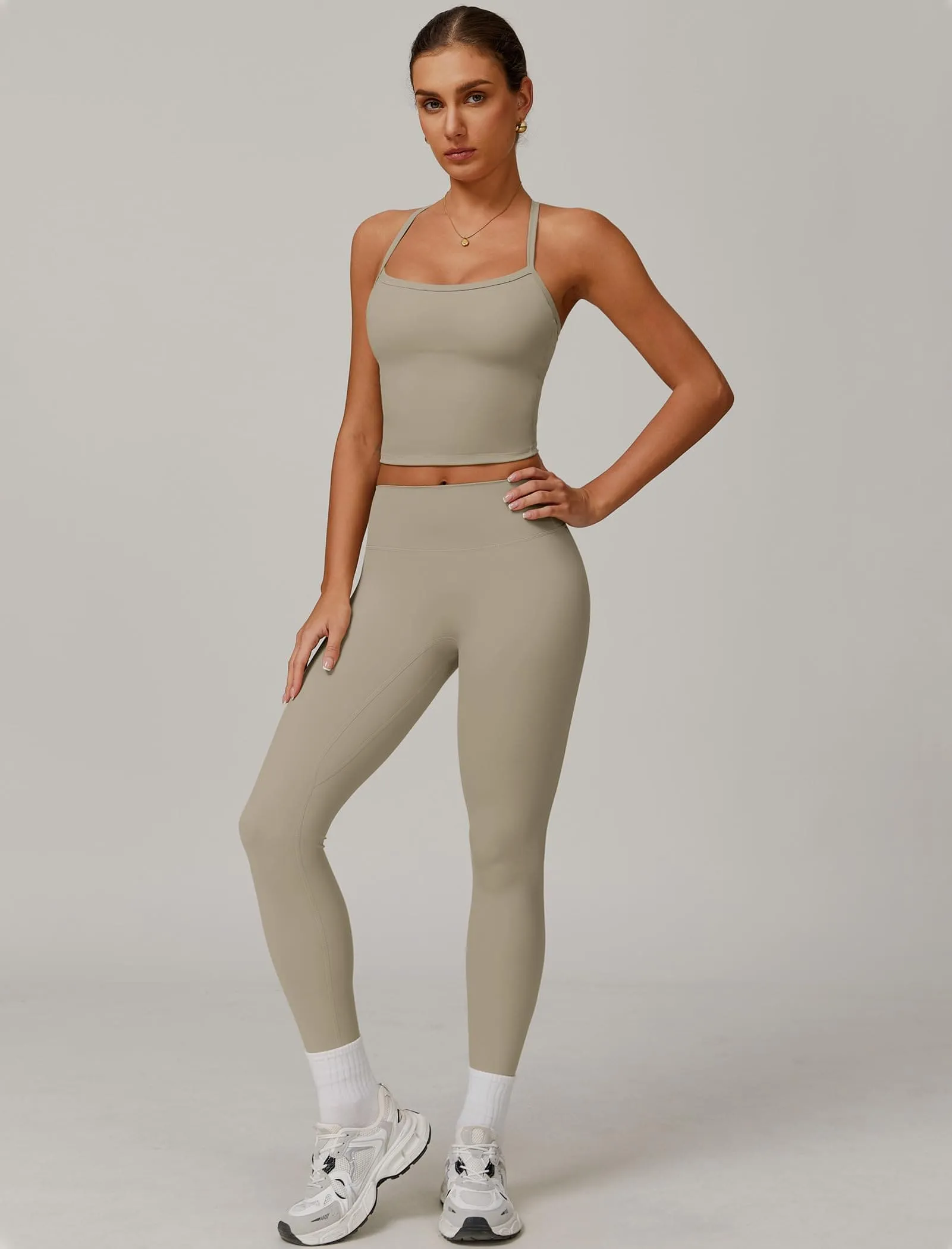 Womens Workout Sets Two Piece Seamless Stretch Cross Back Tank Top Matching Tummy Control High Waist Leggings Set 2 Piece For Women Gym Yoga Active Wear Outfits Athletic Work Out Clothes Light Brown