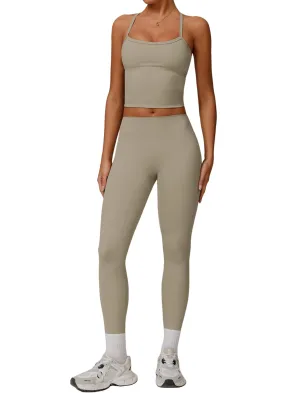 Womens Workout Sets Two Piece Seamless Stretch Cross Back Tank Top Matching Tummy Control High Waist Leggings Set 2 Piece For Women Gym Yoga Active Wear Outfits Athletic Work Out Clothes Light Brown