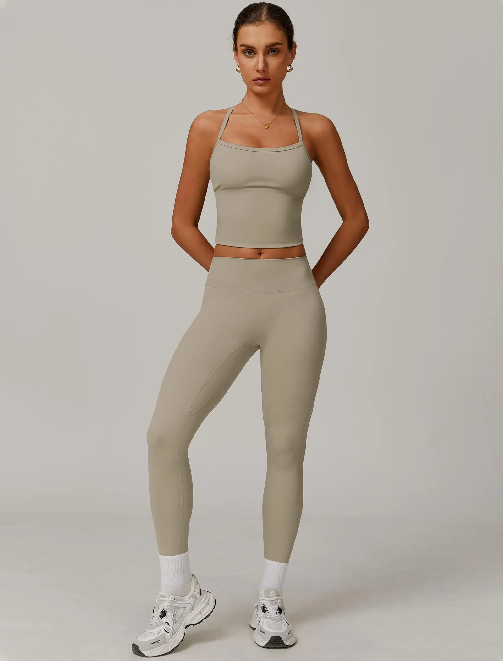 Womens Workout Sets Two Piece Seamless Stretch Cross Back Tank Top Matching Tummy Control High Waist Leggings Set 2 Piece For Women Gym Yoga Active Wear Outfits Athletic Work Out Clothes Light Brown